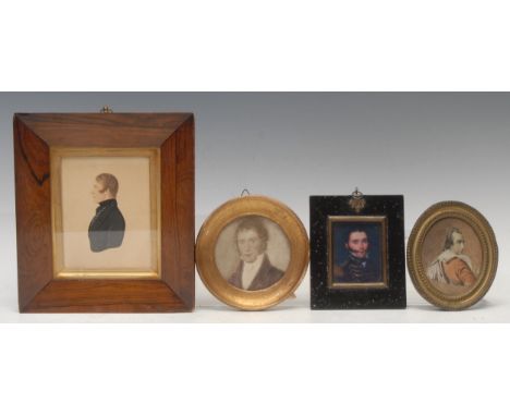 English School (19th century), a portrait miniature, of a bust-length gentleman, watercolour on board, MS to verso, 8cm diame