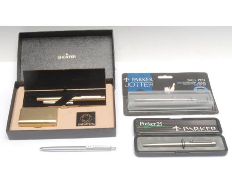 Pens - a Sheaffer Imperial Brass fountain pen, 14ct gold nib, cased; two Parker ball point pens; a Papermate ball point pen (
