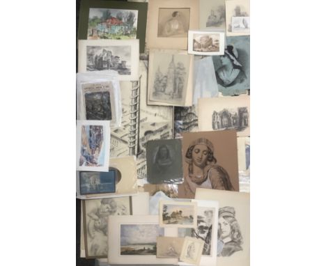 An interesting folio of watercolours, prints, and works on paper, various figurative, topographical and other subjects; anoth