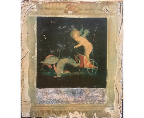 A Roman style stucco fresco model, decorated with a winged amorino driving a dolphin-drawn chariot, in the Grand Tour manner,