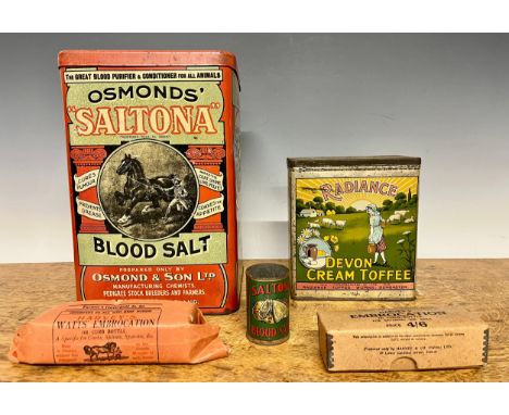 Advertising - a large Osmonds' Saltona Blood Salt rounded rectangular pictorial tin, lithograph printed with livestock, 28cm 