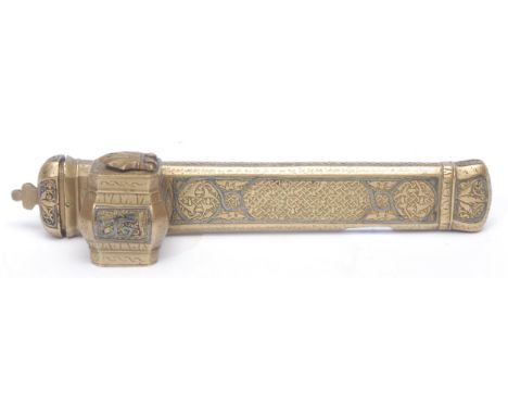 A 19th century damascened brass Persian scribe's qalamdan or travelling case, comprising inkwell and quill box, profusely dec