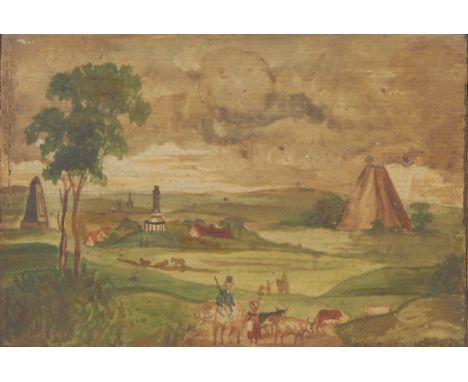 English Naïve School (19th century)Herding Cattle, in a Landscape of Billowing Chimneys and Architectural Featuresprimitive f