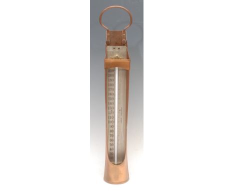A large copper industrial thermometer, the silvered register inscribed Reeves, Made in England, 45.5cm over loop handle, earl