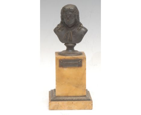 French School (19th century), a dark patinated bronze portrait bust, of poet and fabulist Jean de La Fontaine (1621 - 1695), 