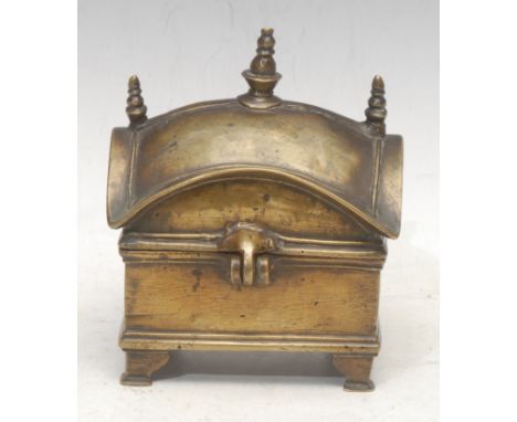 A 19th century Ottoman style bronze deed box or casket, the domed architectural cover topped with three Alhambra cap finials,