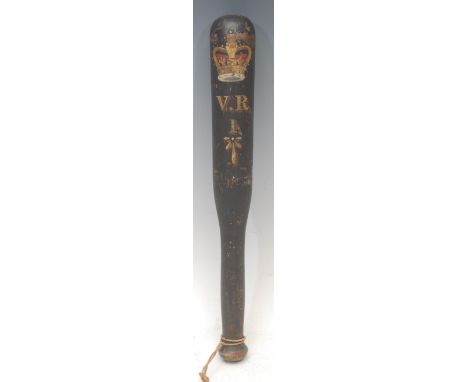 A Victorian painted police truncheon, VR cypher beneath Crown 1 on black painted turned tapering ground, 37.4cm long