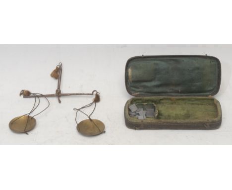 A set of George III steel and brass gold balance scales, the beam 10.5cm long, shagreen case, c.1780