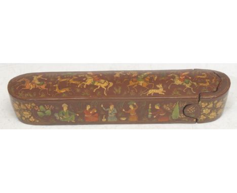 A 19th century Persian lacquer scribe's pen or quill box, hand-painted throughout with traditional hunting scenes, slide inte