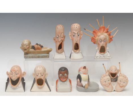 A collection of German bisque Schafer &amp; Vater type novelty table vestas and ashtrays, each humorously modelled, including