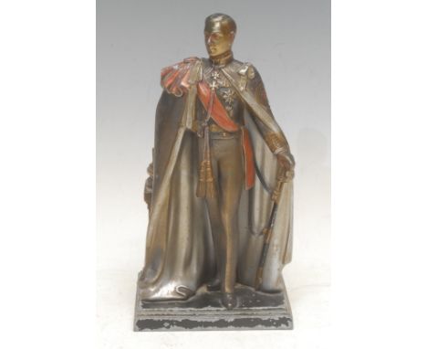 Royalty - an Art Deco period painted spelter figural table lighter, as George VI, in coronation robes, 22.5cm high, c.1937