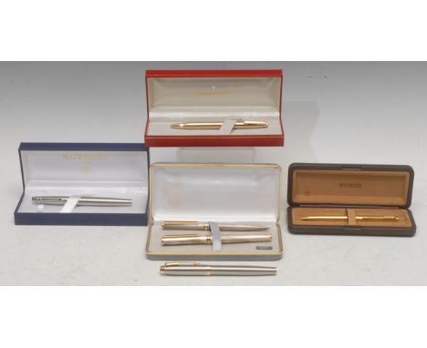 Pens - a silver suite, comprising fountain pen and ballpoint, 14cm long, boxed; a Sheaffer ballpoint, boxed; a Waterman fount