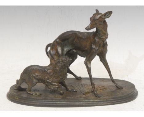 Pierre-Jules Mêne (1810-1879) after, a bronze figure group, Italian Greyhound and Cavalier King Charles Spaniel, plinth base,