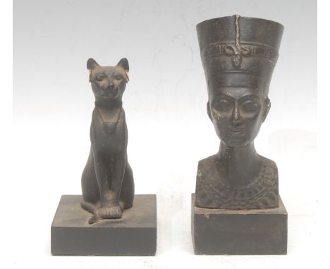 After the Ancient Egyptian, a dark patinated bronze, Queen Nefertiti, bust length, ebonised base, 16cm high overall, 20th cen