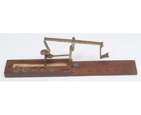 Numismatic Interest - a set of George III mahogany and brass travelling folding pocket sovereign and guinea balance scales, b
