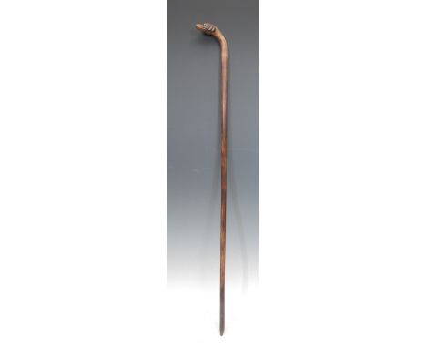 A Japanese bamboo novelty walking stick or cane, the pommel carved as the head of a dog, 83cm long, Meiji period