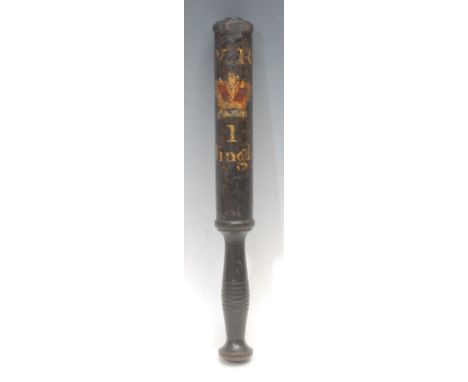 Police History - a Victorian turned and ebonised truncheon, painted and gilt with crowned VR cypher and inscribed 1 Bingley, 