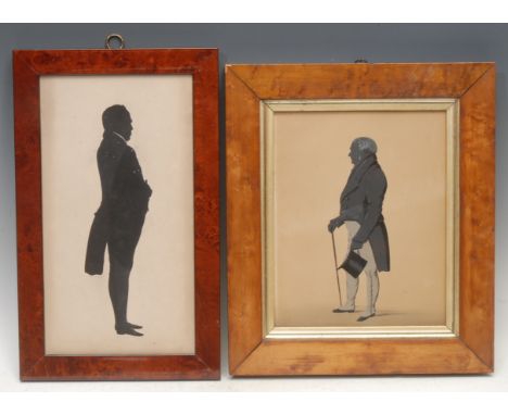 English School (19th century), a full length cut paper silhouette, of a Victorian gentleman in formal dress, heightened in wh