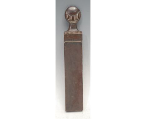 Treen - a George III mahogany razor case and strop, pivoting cover, half-fluted disc handle, 27cm long, early 19th century