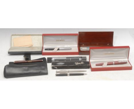 Pens - a Sheaffer fountain pen, 13.5cm long, boxed; others, Parker; etc (qty)