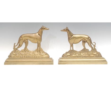 Greyhound Racing - a pair of early 20th century brass flatback portrait models, of Waterloo Cup winners Harmonicon and Dilwyn
