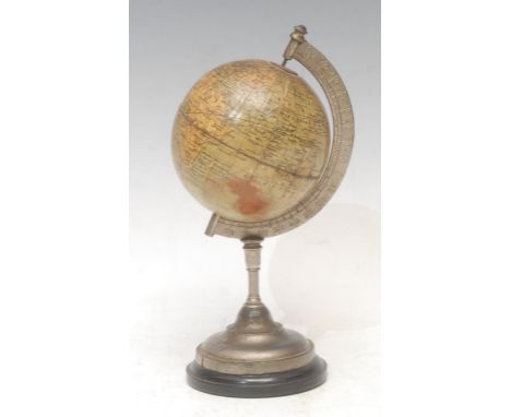 An early 20th century French 3.5" desk globe, by Nicolas Keller, the meridian ring signed N K Atlas, Paris, 19.5cm high overa