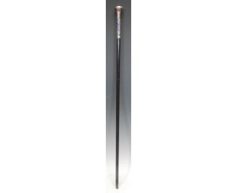 An Art Nouveau silver mounted walking stick, the tall handle pierced with stylised sinuous stems, ebonised cane, 86cm long, L