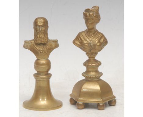 A bronze cabinet bust, of a Prussian officer, pedestal base, 10cm high overall; another, a lady (2)