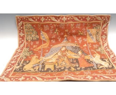 A French woolwork tapestry, The Lady and the Unicorn, À mon seul désir, after the medieval, 83cm x 80cm, 20th century