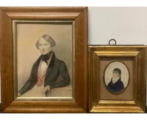 English School (19th century)  Portrait of a Gentleman  unsigned, watercolour, 20cm x 15cm, maple frame; another, a miniature