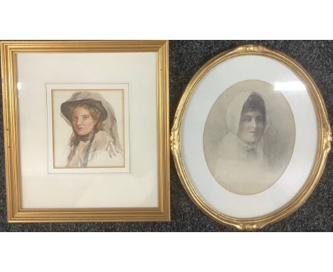 English School (19th century) Portrait of a Young Lady unsigned, watercolour, 17.5cm x 15.5cm; another, charcoal sketch, gilt