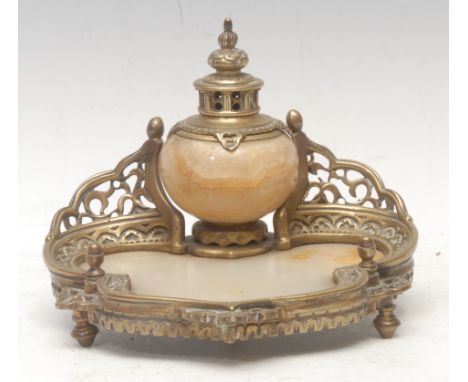 A French gilt metal mounted alabaster cartouche shaped inkstand, architectural hinged cover, the mounts pierced and moulded w