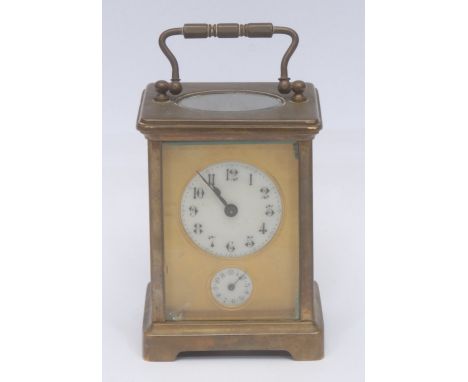 A French brass five glass carriage clock, ivorine dial with Arabic numerals, subsidiary seconds dial, 14.5cm over swing handl