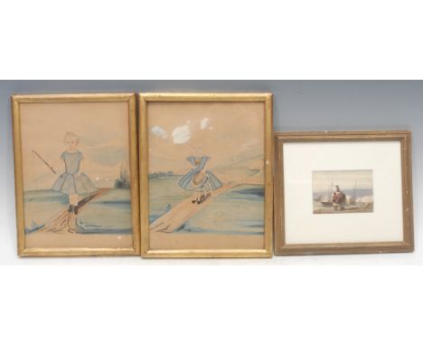 English Naive School (19th century), a pair, Portrait of a Young Girl Holding a Rose and Holding a Fishing Line, unsigned, wa