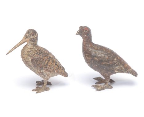 An Austrian cold painted bronze, of a woodcock, 6.5cm high, Vienna, c.1900; another, grouse, 6cm high (2)