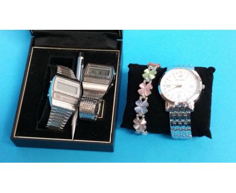 2 Casio stainless steel digital wristwatches, 1 other and a bracelet.