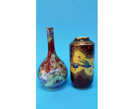 A Carlton Ware vase on red ground, decorated with swallows, printed mark and numbered 3076 and a Royal Winton lustre vase.