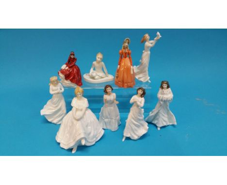 Eight Royal Doulton ladies and a Worcester figure. (9).