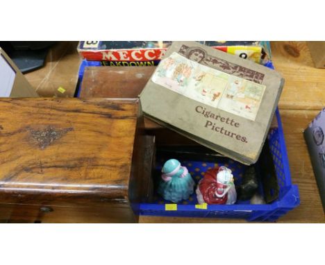 Tea caddy, Royal Doulton figures, Button slide etc.