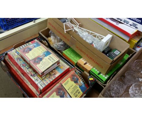 Tray of various Subbuteo and a tray of assorted toys.