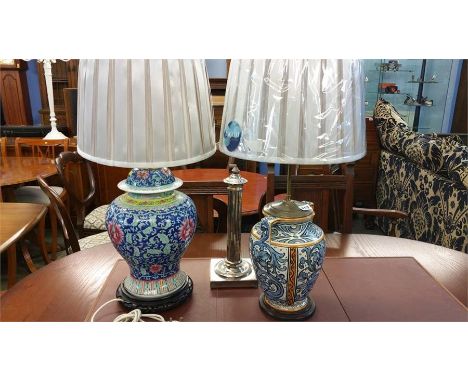 A ginger jar table lamp, plated column lamp and 1 other (3).