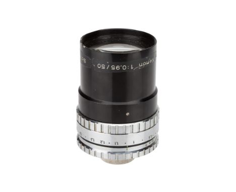 A Schneider Xenon f/0.95 50mm lens, black/chrome, serial no. 9112127, body, F-G, ding to filter ring, elements, G, some light