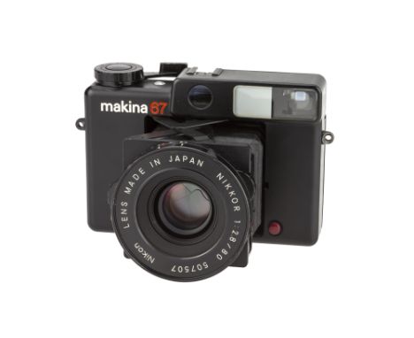 A Plaubel Makina 67 Medium Format Rangefinder Camera, 1978, black, with Nikon Nikkor f/2.8 80mm lens, black, serial no. 50750