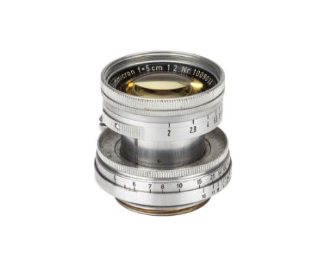 A Leitz Summicron 'Thorium' f/2 50mm Lens, 1952, chrome, serial no. 1009014, body, G, elements, G, some light marks to front 