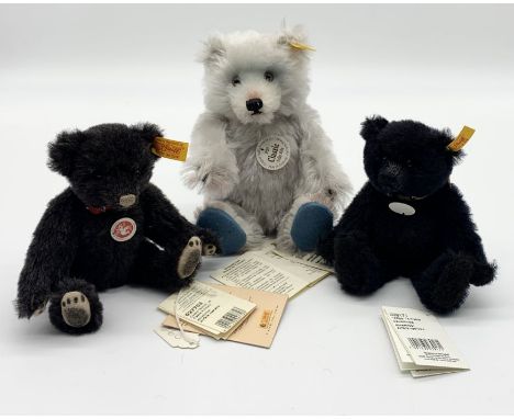 Three Classic Steiff Teddy Bears all with their original gold buttons and labels including Classic 1929 Teddy Baby 22