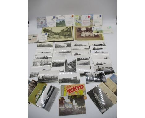 A collection of steam locomotive photographs/postcards, Seaton Thursday Cricket club team phot dated 1904, first day covers e