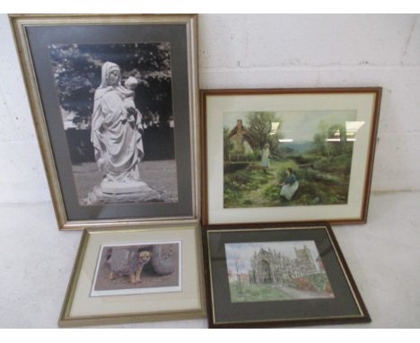 Four framed prints including, a photographic print of a statue, a limited edition print of Exeter Cathedral (signature illegi