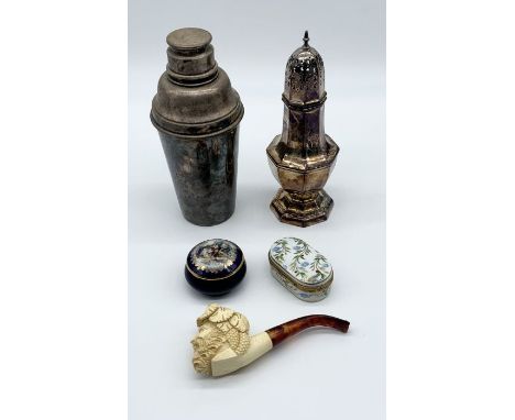 A small collection of items including two Limoges pots, silver plated sugar shaker, Meerschaum pipe etc