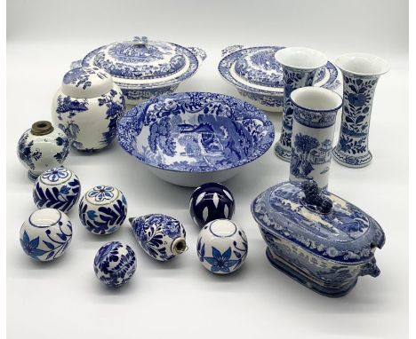 A small collection of blue and white china including Spode Italian bowl (chip as shown), Delft vases, baubles, pair of terrin