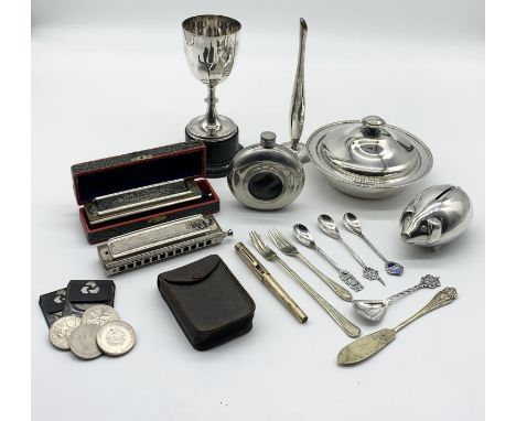 A collection of various items including silver plated, Hohner harmonicas, Shaeffer pen A/F, vintage set of Happy Families etc